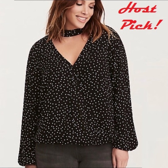 torrid Tops - Faux Choker Black polka dot blouse